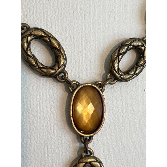 Vintage Avon SAQ Gold Tone Y Necklace Amber Brown Acrylic Cabochons Estate 16" - Picture 3 of 7